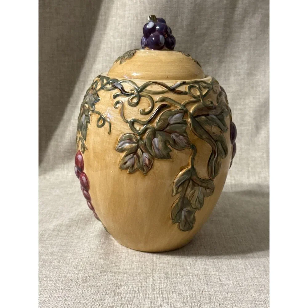 Noble Excellence Ceramic Canister Embossed Vintage Grapes & Leaves Design 10 in